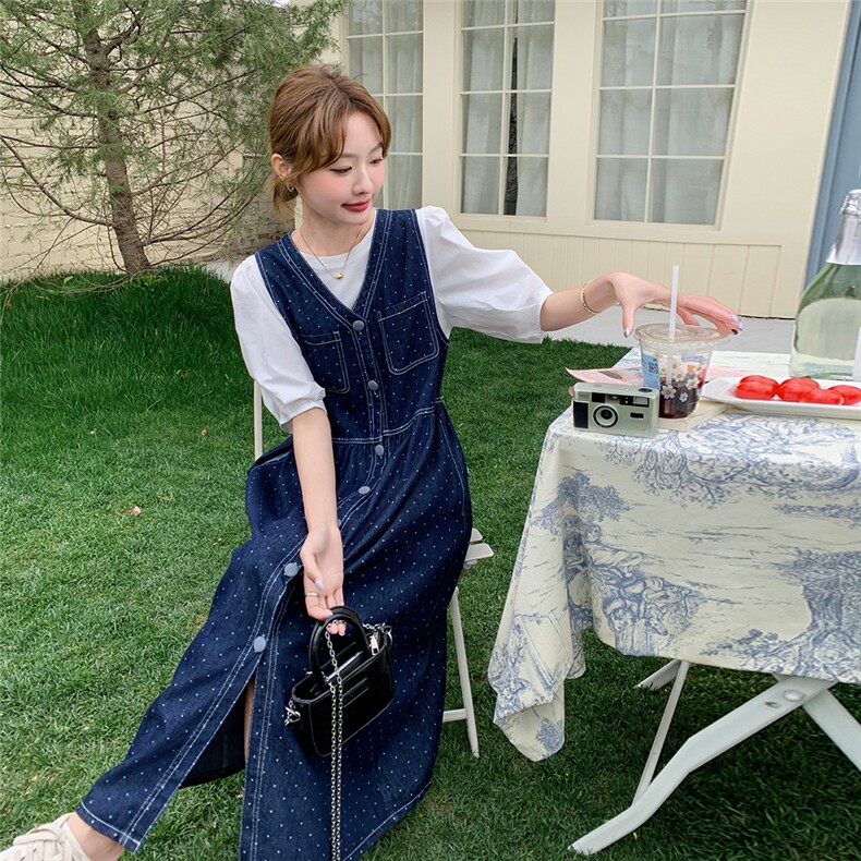 2025夏季韩系牛仔波点背心裙套装女洋气泡泡袖上衣淡人穿搭两件套，女装连衣裙，维壹