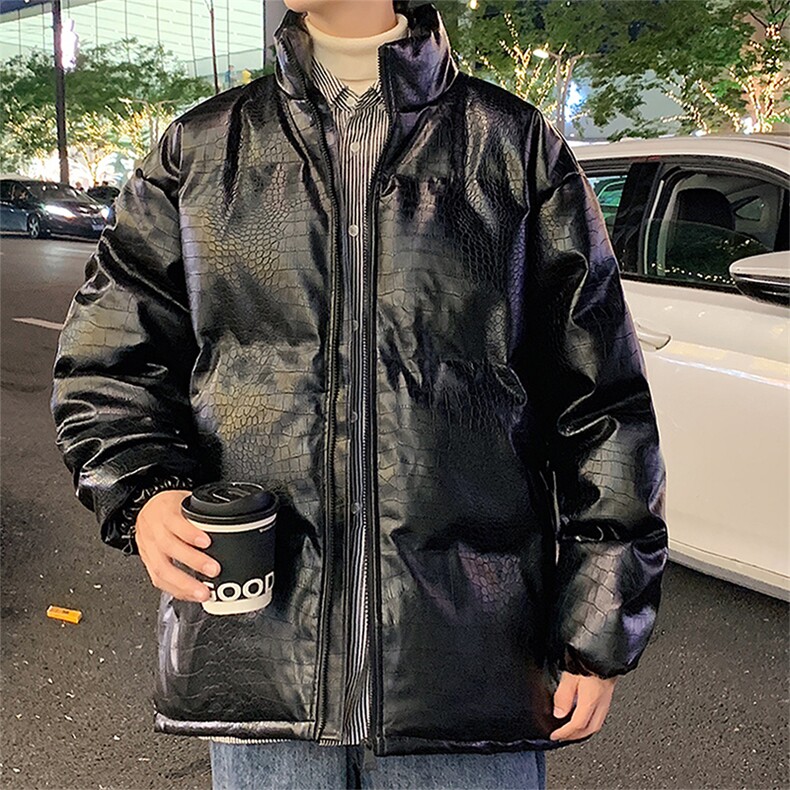 二开纯色直播抖音品质宽松男羽绒棉加厚PU皮棉衣外套M1500P70,男装棉衣,电商C408(原B339-1)