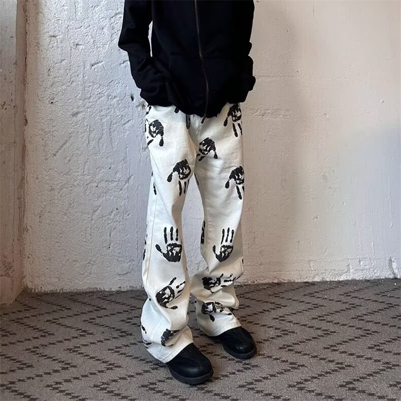 2026水墨手掌印花白色牛仔裤高街hiphop潮炸街长裤K71126-P45网图,男装牛仔裤,电商B245