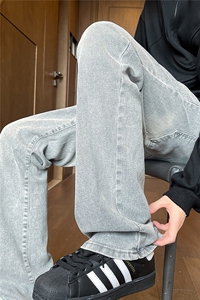 春季烟灰色修身弹力牛仔裤男直筒微喇显瘦美式工装休闲裤KZ034P65图片