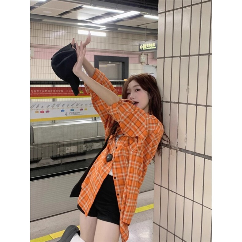美式复古橙色格纹防晒衬衫女2026春夏装宽松薄外套上衣MCS17,男装防晒衣,星座208-5