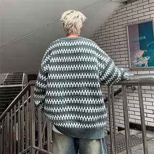 秋冬季条纹撞色毛衣男日系复古潮牌个性设计圆领针织衫M7029-P48图片
