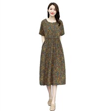 棉麻印花连衣裙女2022夏新款显瘦休闲中年女士中长款碎花亚麻裙子，女装连衣裙，超帛