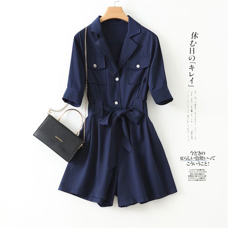 藏青工装连体裤女2021年夏季新款小个子绑带高腰显瘦阔腿连衣短裤，女装连体裤，艾乐芳