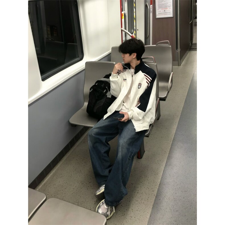 撞色拼接条纹夹克2025外套男女秋季翻领情侣拉链开衫,男装夹克,四季星座505