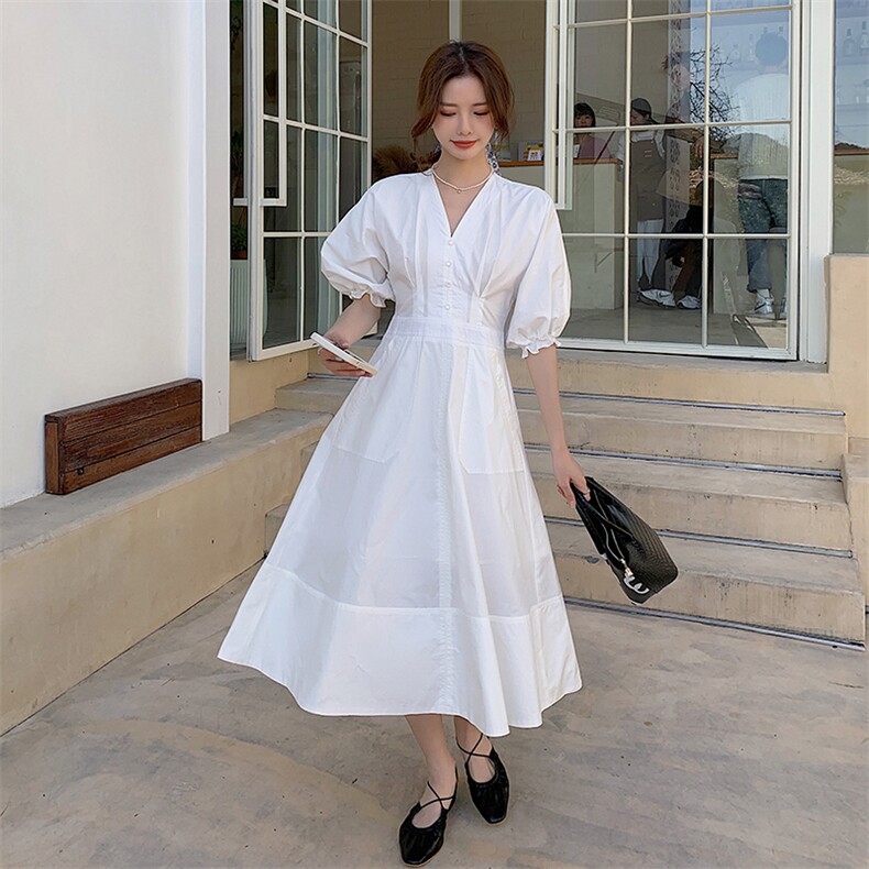 2021夏季新款女装中长款连衣裙简约时尚A字裙V领短袖，女装连衣裙，阿菲诺依