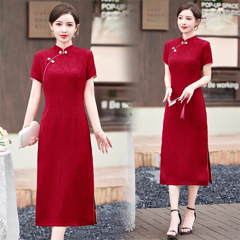 24年春夏季新款气质优雅时尚百搭复古新中式日常品质旗袍连衣裙，女装汉服/婚纱/旗袍/礼服，小荷流