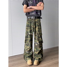 美式破洞迷彩工装裤男直筒微喇裤cleanfit痞帅炸街裤子76277-p62，男装牛仔裤，星座1008