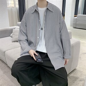 港风宽松休闲条纹百搭潮流长袖衬衫上衣男装D201-DM85-P45图片