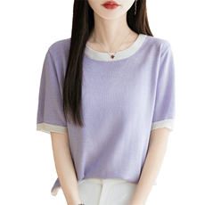 夏季新款韩版宽松短袖针织衫女圆领拼色百搭上衣，女装针织衫/毛衣，唐诺