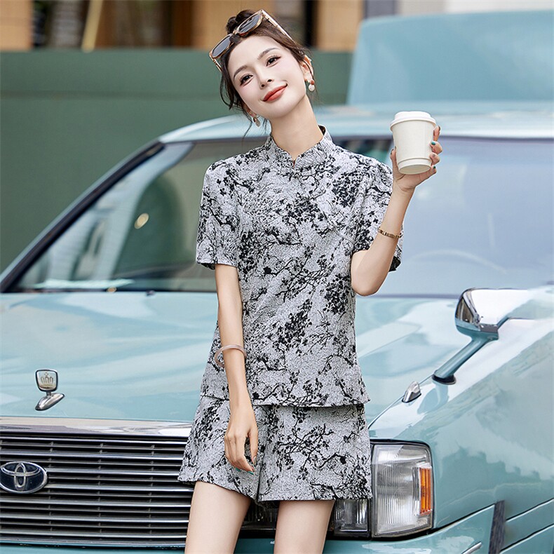 新中式国风提花套装女2025春夏新款小个子时尚短袖上衣短裤两件套,女装套装/套裙,欣贝拉