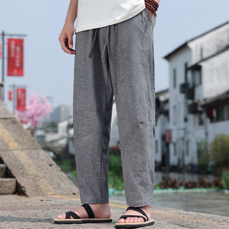 2025夏季新款新中式男装风禅意休闲裤棉麻提花裤子K137-P65,男装休闲裤,电商B277(原6028)