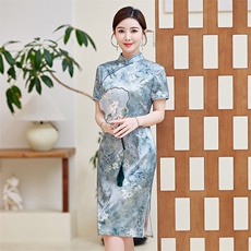 高级感杭州真丝长裙复古印花连衣裙女春夏日常专柜品质潮流桑蚕丝，女装汉服/婚纱/旗袍/礼服，小荷流