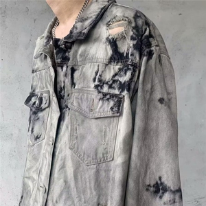 秋季水洗扎染破坏牛仔衣夹克潮牌高街重工做旧男女外套潮图片
