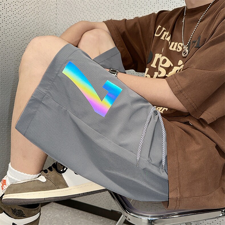 2023夏季冰丝透气舒适网眼短裤男大码反光印花休闲五分裤DK31-P35图片