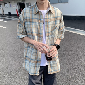 美式复古格子短袖衬衫男夏季新款宽松休闲oversize衬衣S1111-p28图片
