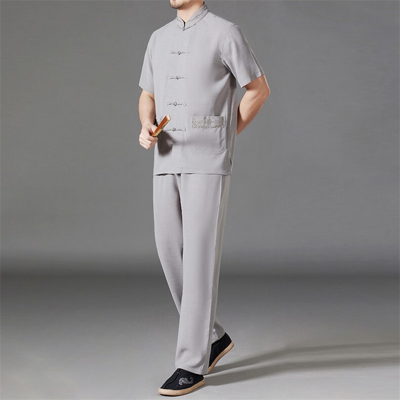 MJ-7223男士唐装中式盘扣短袖衬衫风立体刺绣T恤套装P80,男装民族服装,电商B360