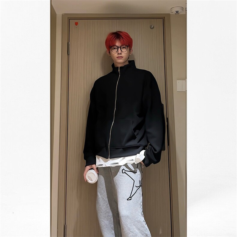 春秋基础纯色立领长袖卫衣男宽松开衫外套潮KS018-P45,女装短外套,电商B306