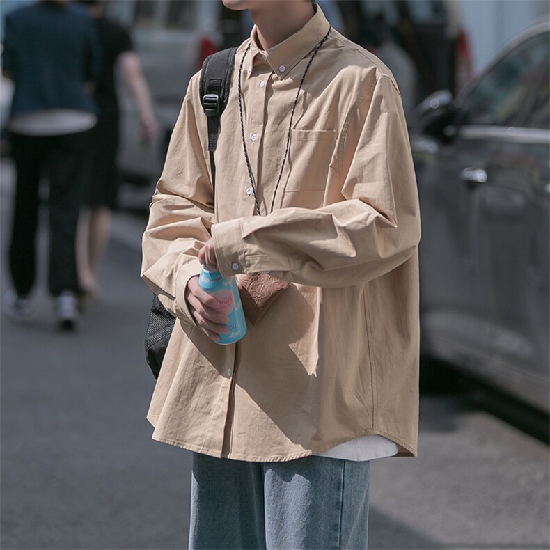 wassupcandy白色长袖衬衫男春秋季日系cityboy宽松休闲衬衣外套,男装衬衫,星座918-1