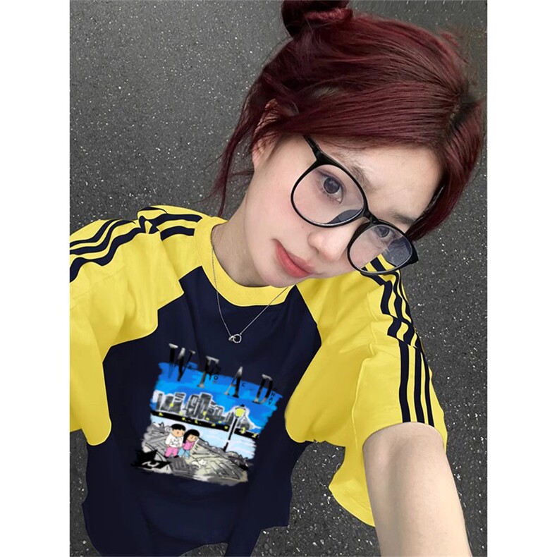 夏季美式高街重磅纯棉三条杠织带插肩撞色男女短袖T恤CZ156-特P25图片