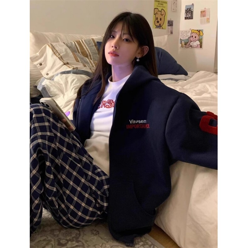 复古重磅刺绣字母连帽开衫卫衣男宽松百搭设计感上衣外套W2799,女装短外套,星座1116A（原606A-3）