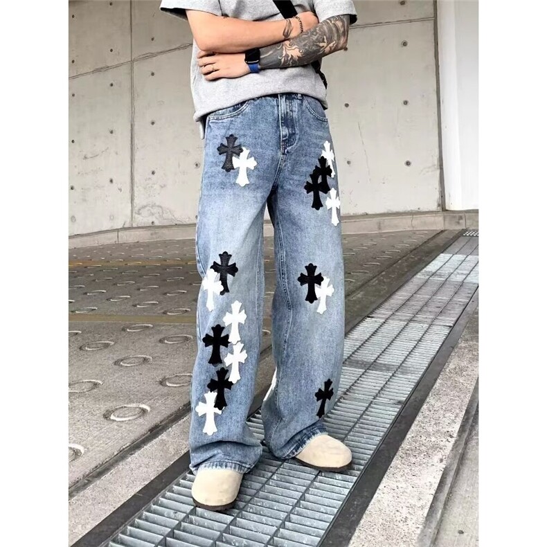 潮流文艺百搭蓝色皮标十字架牛仔裤慵懒ins流行时尚新款日系原宿,男装皮裤,星座1210-1