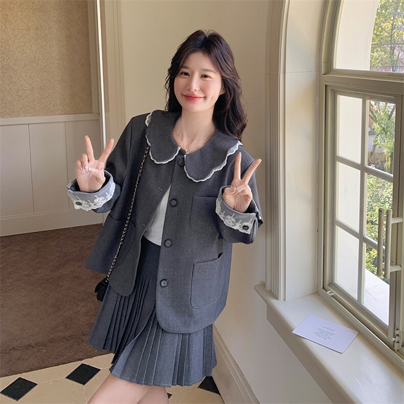 灰色娃娃领西装套装裙女2025春季新款韩系学院风减龄百褶裙两件套,女装套装/套裙,浙宝103（原192）
