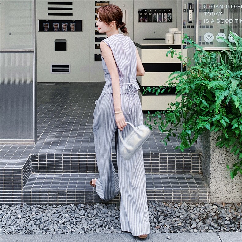 韩版复古条纹马甲阔腿裤套装女2025夏季新款老钱风百搭显瘦两件套,女装休闲裤,2D008