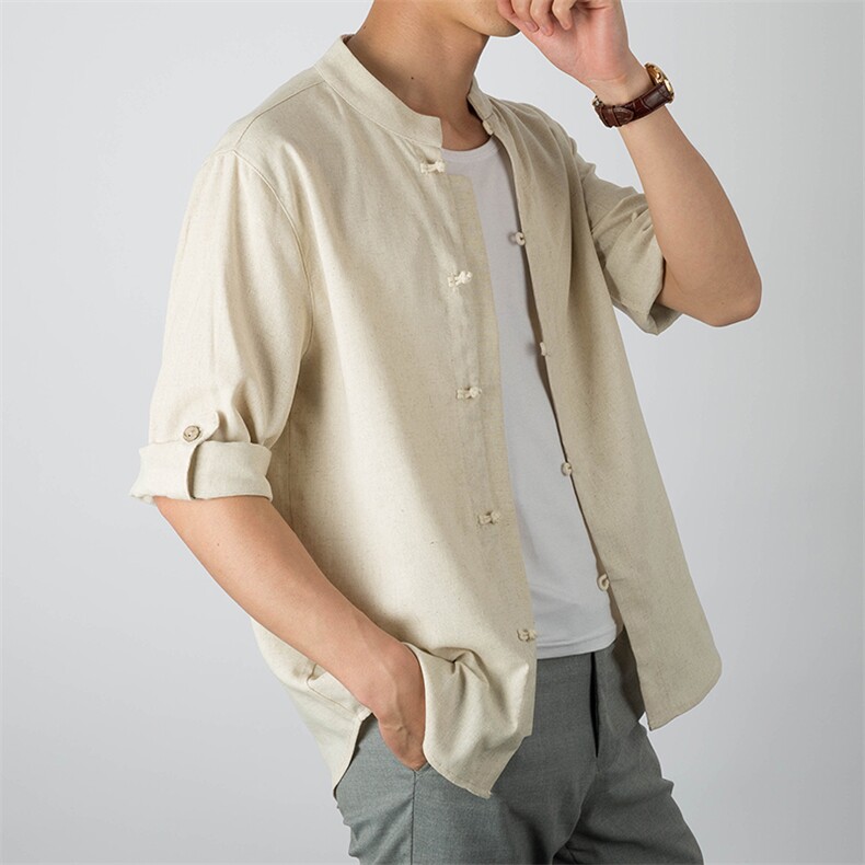 改良汉服居士服民族风短袖盘扣亚麻衬衣钱塘6005-YM09-P30,男装衬衫,星座1112-5（原712-5）