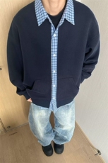 (网图慎用)重磅420g华棉假两件宽松格子拼接卫衣W5436-特P48控88，男装卫衣，电商A001-1