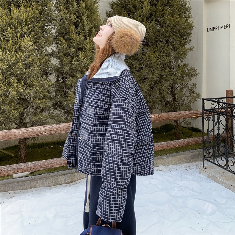 学院风格子羽绒服女2025冬新款短款翻领宽松外套加厚白鸭绒面包服,女装羽绒服,慧尚依恋
