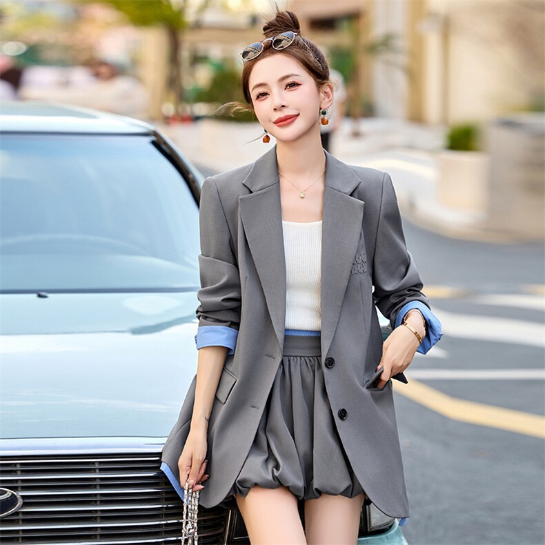 两件套2025年春季新款时尚气质拼色西装翻领套装短裤,女装套装/套裙,沁沁公主