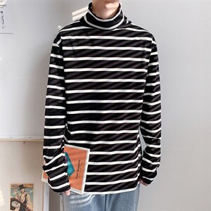 长袖T恤男士上衣潮流条纹秋冬季宽松高领衣服打底衫 T709-P35图片