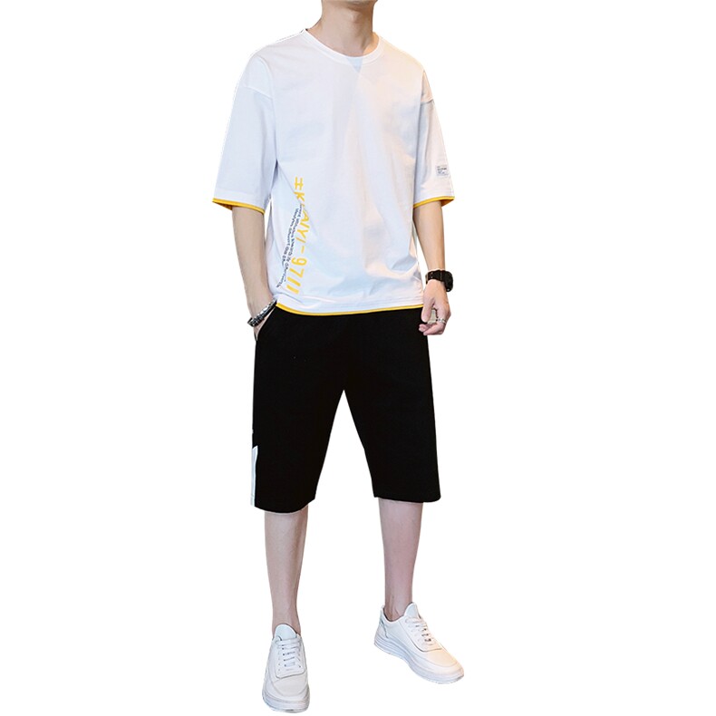 2021夏季新款男士纯棉短袖T恤短裤潮流衣服男装一套T8509-P50,男装休闲套装,星座217-4