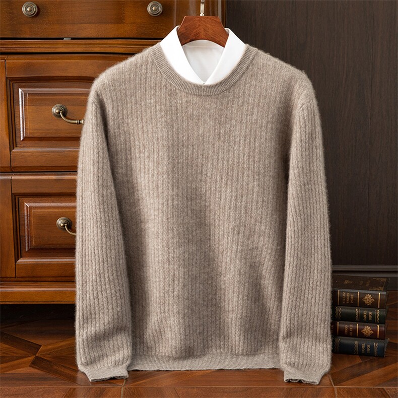 高品质男士羊绒圆领毛衣经典抽条设计保暖舒适商务休闲，男装羊毛衫，梵泰羊绒