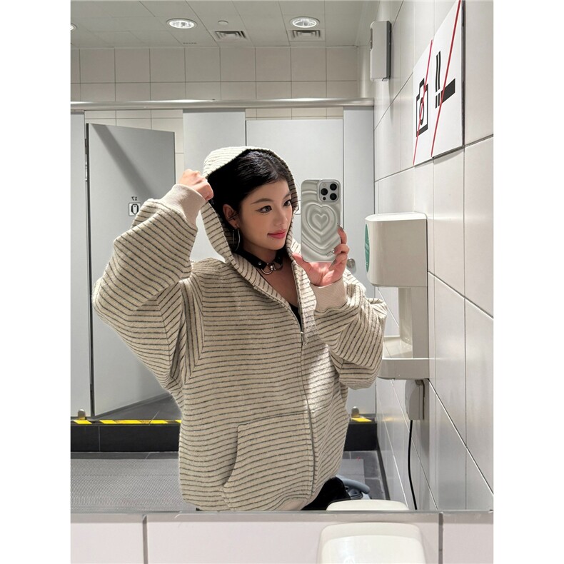 美式复古条纹拉链开衫连帽卫衣男女宽松休闲百搭情侣外套WY66,女装短外套,星座516A