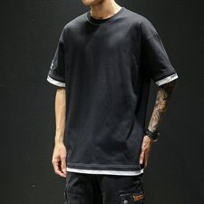 19夏季新款全棉宽松短袖日系复古假两件T恤潮牌大码半袖T303，男装T恤，电商A021A