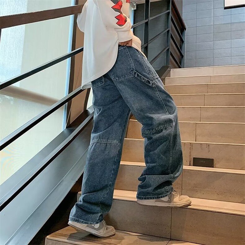 SH5926-P45复古牛仔裤男宽松阔腿直筒裤休闲拼接痞帅工装长裤,男装牛仔裤,电商C233