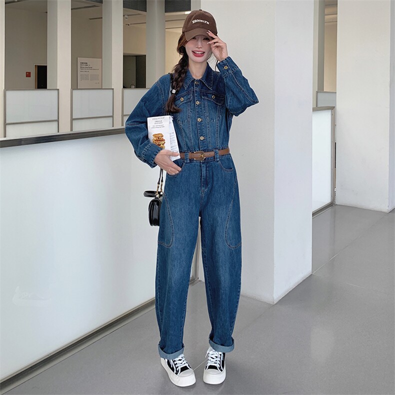 美式水洗复古连体裤女2025秋季新款时尚遮肉显瘦长袖牛仔连体长裤,女装连体裤,点滴