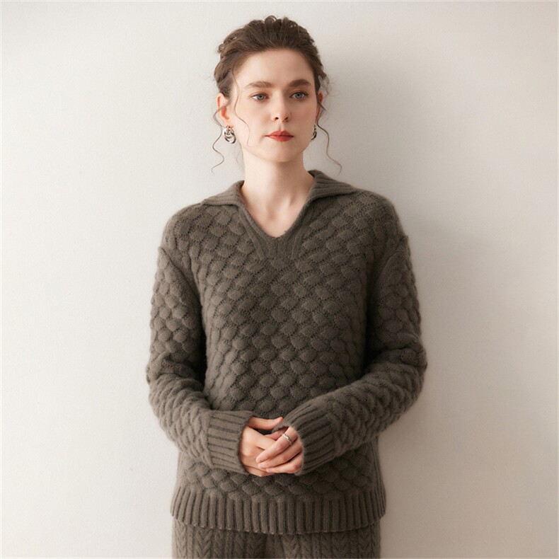剪刀领~镂空山羊绒衫宽松慵懒毛衣2025秋冬女加厚提花针织衫，女装针织衫/毛衣，溪贝羊绒