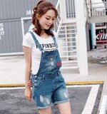 水洗翻边拉链图案纽扣2021年夏季常规短款背带裤高腰磨破连体裤，女装连体裤，奕阳依阁