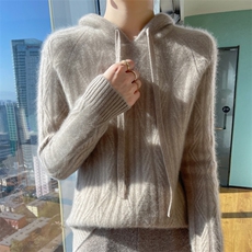 时尚百搭连帽抽绳羊毛衫女宽松显瘦长袖毛衣，女装羊毛衫，宇灿羊绒