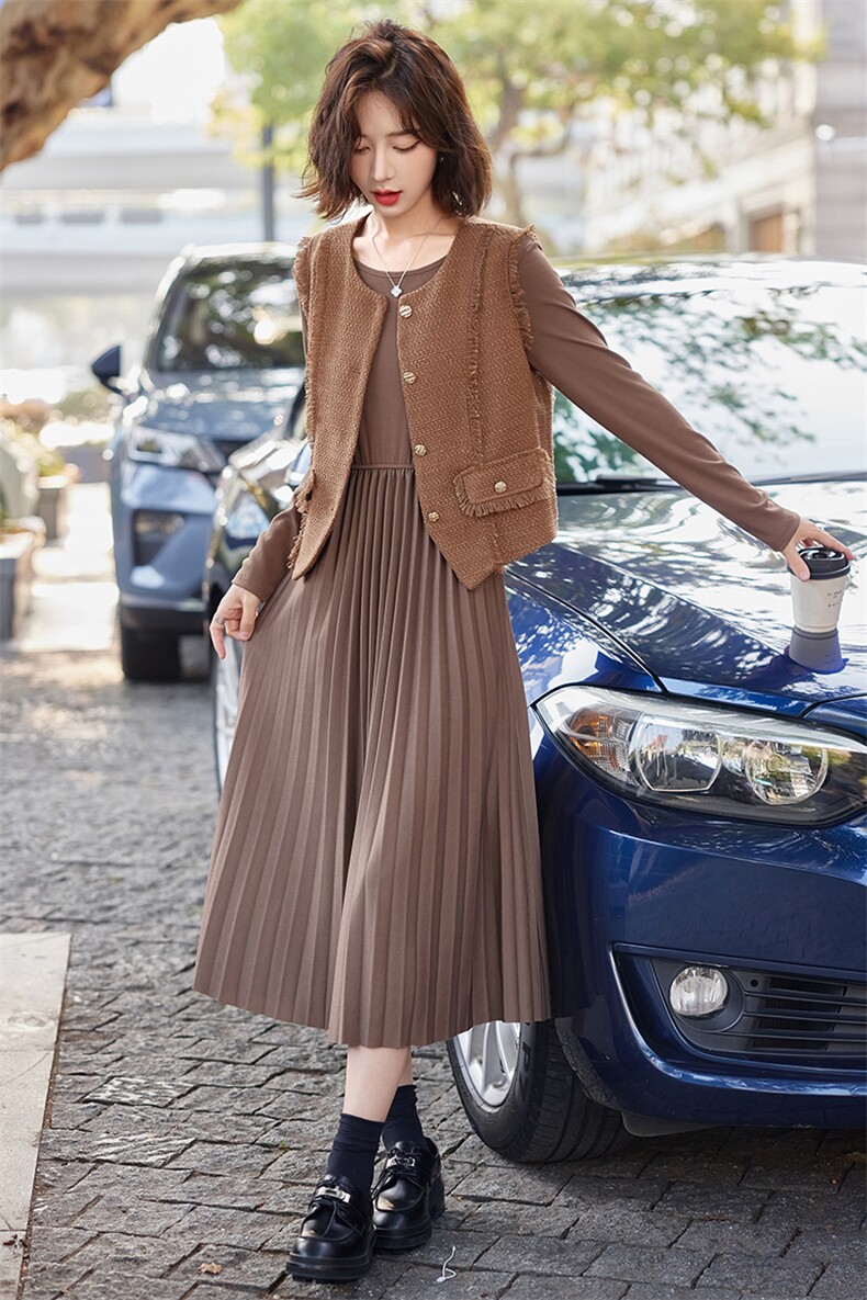 小香风马甲连衣裙套装女2025春新款气质修身显瘦长袖百褶裙两件套,女装套装/套裙,慧尚依恋