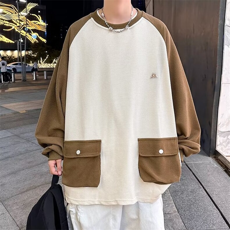 秋款男圆领套头卫衣工装大口袋华夫格贴标拼色T恤外套W023-P50图片