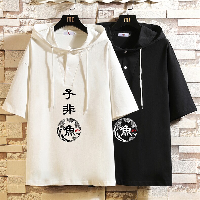 LD54070-P45连帽短袖t恤男大码胖子带帽五分袖中袖砖墙挂拍,男装T恤,电商A040A