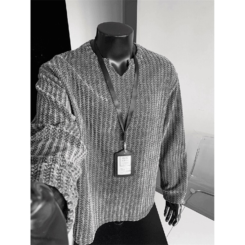 美式高街千鸟格子长袖T恤男女亨利V领英伦雅痞休闲宽松长袖打底衫，男装T恤，电商A443