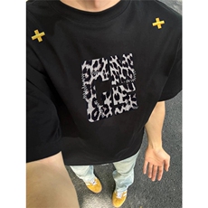 网图有货原创潮牌复古字母豹纹刺绣短袖t恤男女宽松上衣A331-P35，男装T恤，星座1505