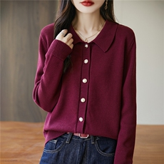 法式polo领纯棉针织开衫女长袖翻领衬衫气质打底上衣2025新款毛衫，女装针织衫/毛衣，丹芙娇羊绒