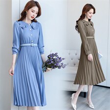 百褶连衣裙纯色通勤高腰套头A字裙长袖淑女2021年春季，女装连衣裙，铭街依杨