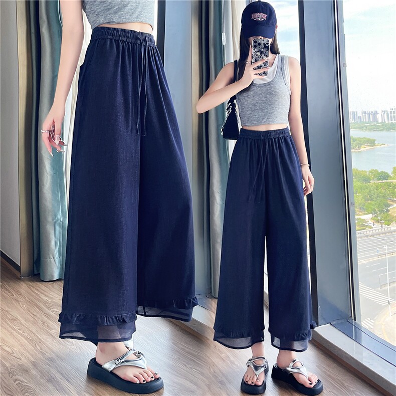 天丝牛仔裤女夏季薄款新款高腰垂感小个子花苞蕾丝阔腿裤女,女装休闲裤,梦白服饰厂